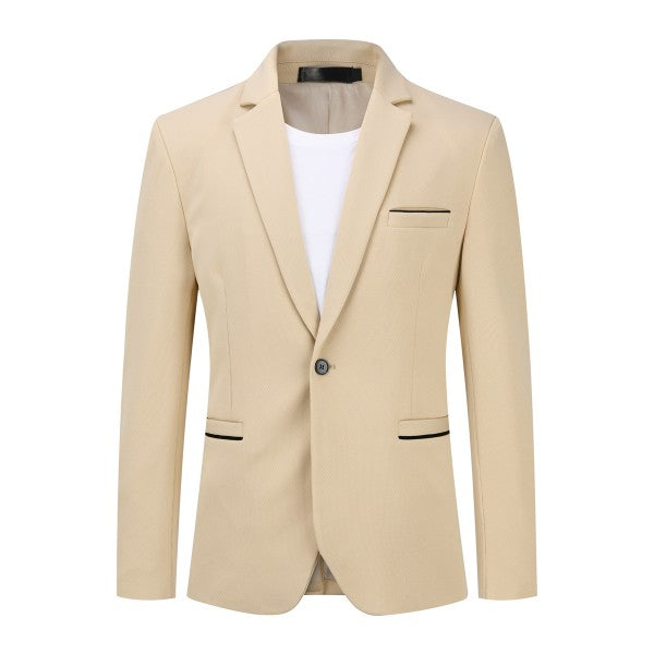Men's Solid Color 1-Button Blazer | Notched Lapel Jetted Pocket Suit Jacket Khaki L