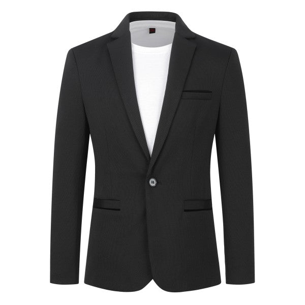 Men's Solid Color 1-Button Blazer | Notched Lapel Jetted Pocket Suit Jacket Black XL