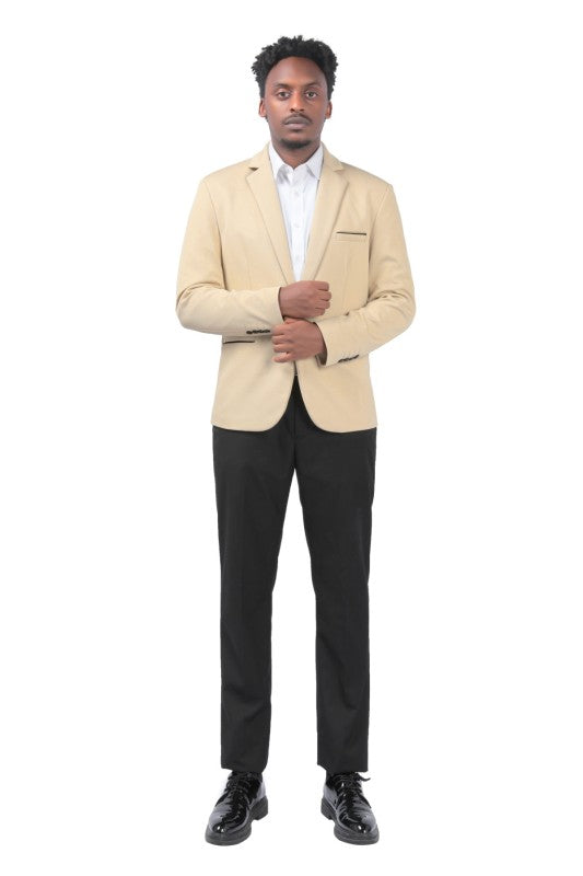 Men's Solid Color 1-Button Blazer | Notched Lapel Jetted Pocket Suit Jacket Khaki XS