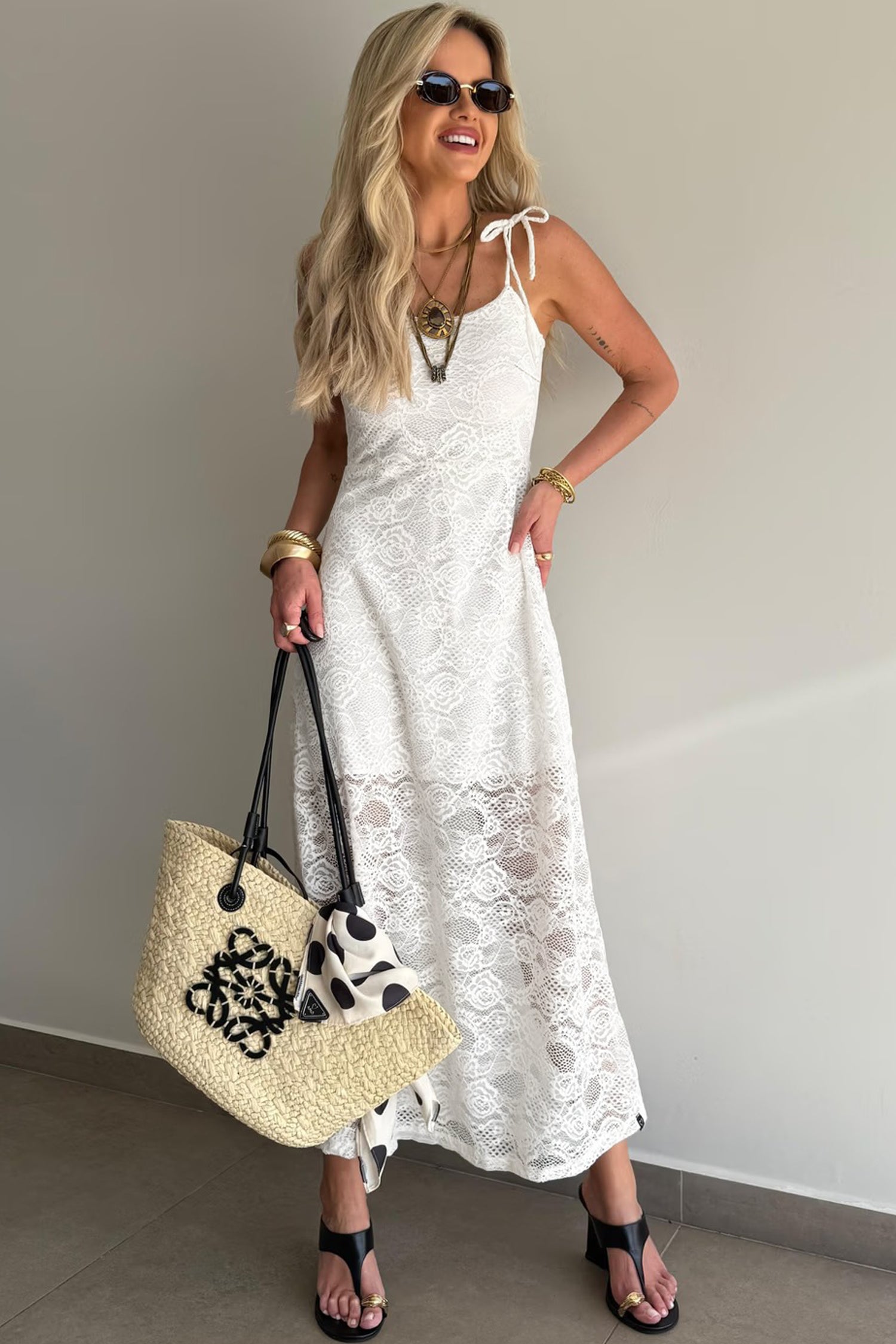 The Floral Lace Overlay Maxi Dress – Self-Tie Spaghetti Straps, White, Sizes S–XL