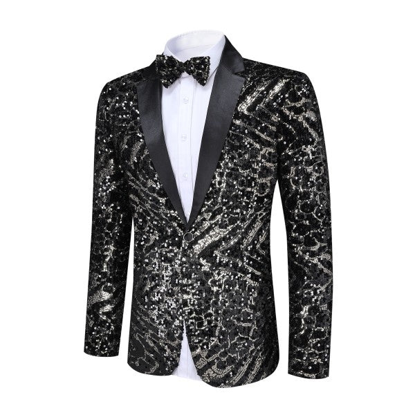 Men's Sequin Stripe Tuxedo Jacket with Bow Tie | 1-Button Notched Lapel Blazer