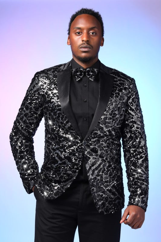 Men's Sequin Stripe Tuxedo Jacket with Bow Tie | 1-Button Notched Lapel Blazer