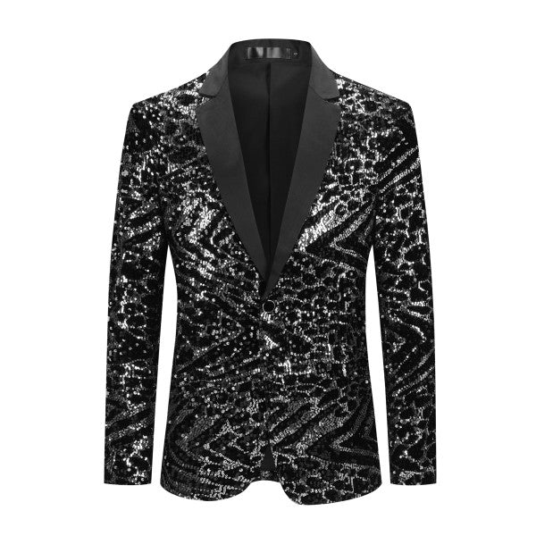 Men's Sequin Stripe Tuxedo Jacket with Bow Tie | 1-Button Notched Lapel Blazer Black XL