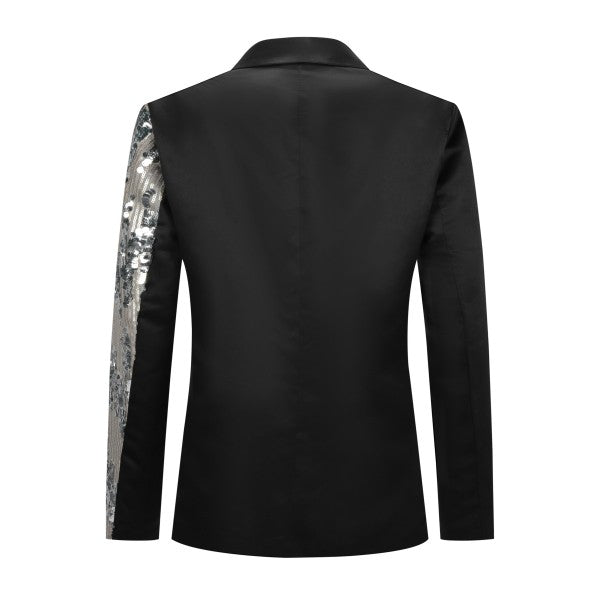Men's Silver Sequin Patchwork Tuxedo Jacket | 1-Button Notched Lapel Shimmer Blazer