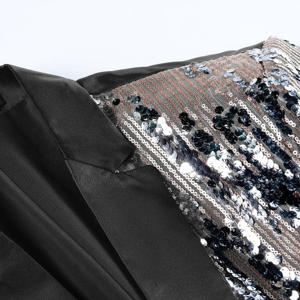 Men's Silver Sequin Patchwork Tuxedo Jacket | 1-Button Notched Lapel Shimmer Blazer
