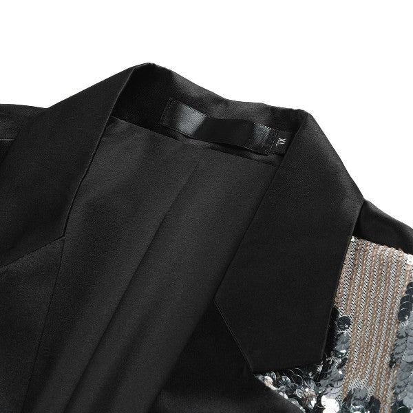 Men's Silver Sequin Patchwork Tuxedo Jacket | 1-Button Notched Lapel Shimmer Blazer