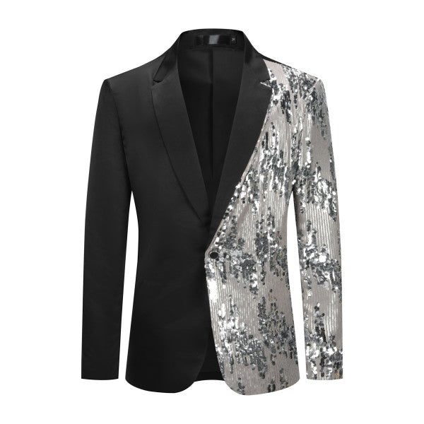 Men's Silver Sequin Patchwork Tuxedo Jacket | 1-Button Notched Lapel Shimmer Blazer