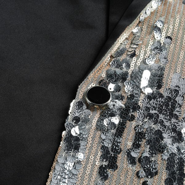 Men's Silver Sequin Patchwork Tuxedo Jacket | 1-Button Notched Lapel Shimmer Blazer