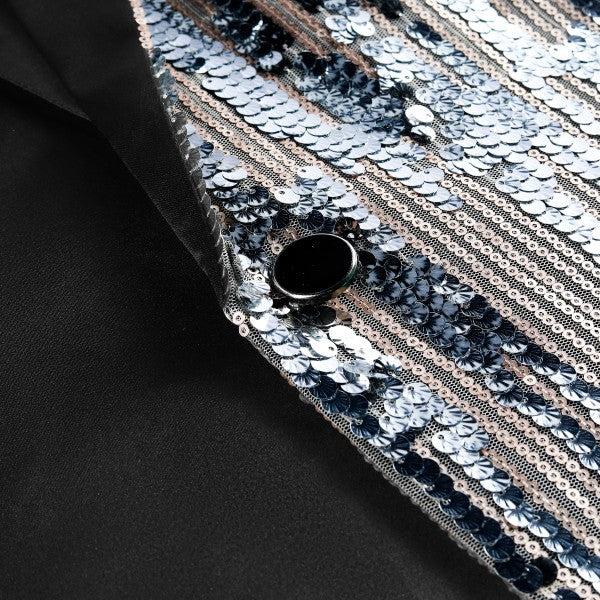 Men's Silver Sequin Patchwork Tuxedo Jacket | 1-Button Notched Lapel Shimmer Blazer