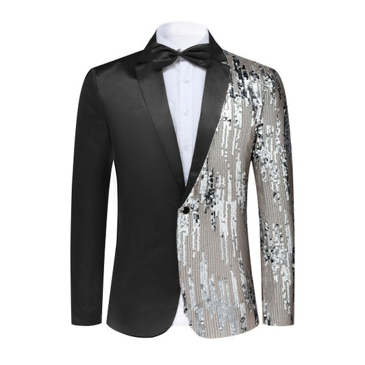 Men's Silver Sequin Patchwork Tuxedo Jacket | 1-Button Notched Lapel Shimmer Blazer Silver L
