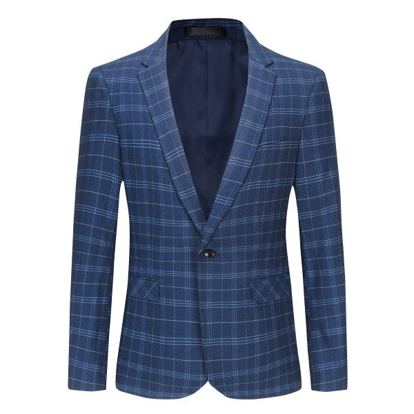 Men's Slim Fit Windowpane Check 1-Button Blazer | Notched Lapel Tweed Jacket – Navy Blue & Black Navy Blue