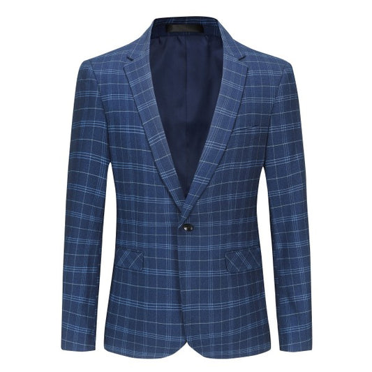 Men's Slim Fit Windowpane Check 1-Button Blazer | Notched Lapel Tweed Jacket – Navy Blue & Black Navy Blue