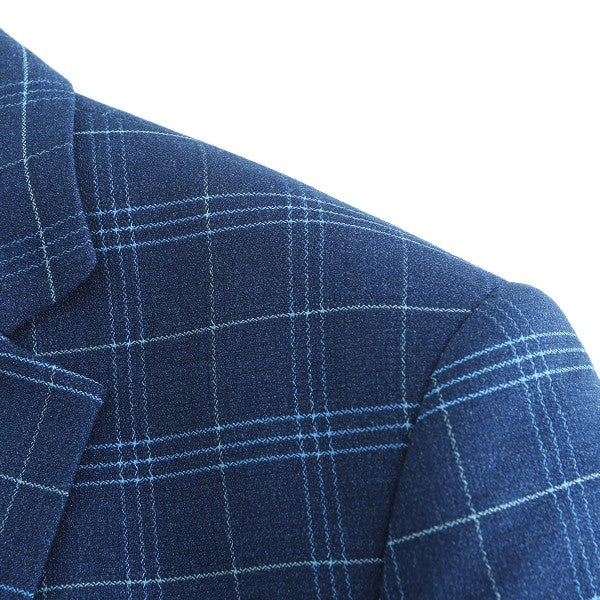 Men's Slim Fit Windowpane Check 1-Button Blazer | Notched Lapel Tweed Jacket – Navy Blue & Black