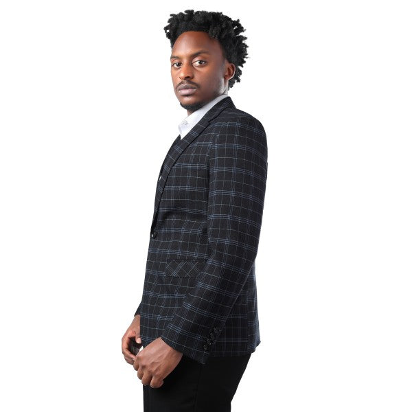 Men's Slim Fit Windowpane Check 1-Button Blazer | Notched Lapel Tweed Jacket – Navy Blue & Black