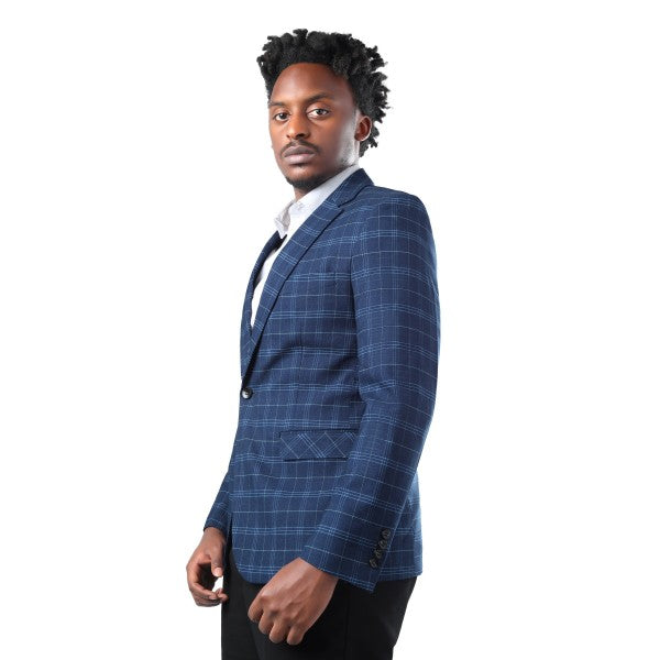 Men's Slim Fit Windowpane Check 1-Button Blazer | Notched Lapel Tweed Jacket – Navy Blue & Black