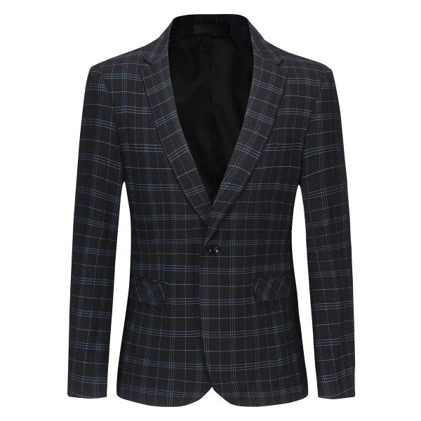 Men's Slim Fit Windowpane Check 1-Button Blazer | Notched Lapel Tweed Jacket – Navy Blue & Black Black