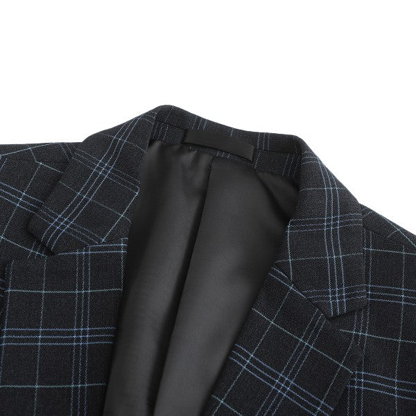 Men's Slim Fit Windowpane Check 1-Button Blazer | Notched Lapel Tweed Jacket – Navy Blue & Black