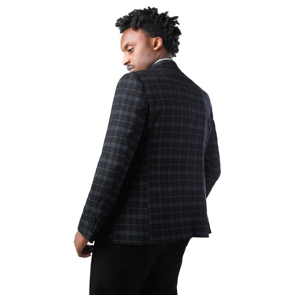 Men's Slim Fit Windowpane Check 1-Button Blazer | Notched Lapel Tweed Jacket – Navy Blue & Black