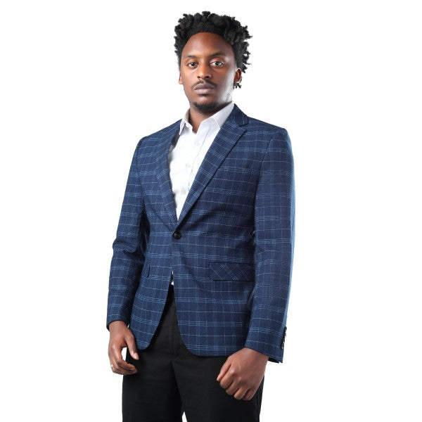 Men's Slim Fit Windowpane Check 1-Button Blazer | Notched Lapel Tweed Jacket – Navy Blue & Black