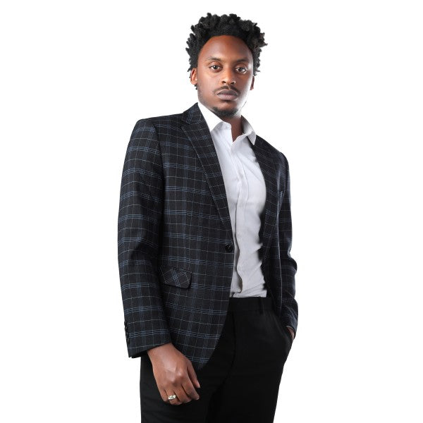 Men's Slim Fit Windowpane Check 1-Button Blazer | Notched Lapel Tweed Jacket – Navy Blue & Black