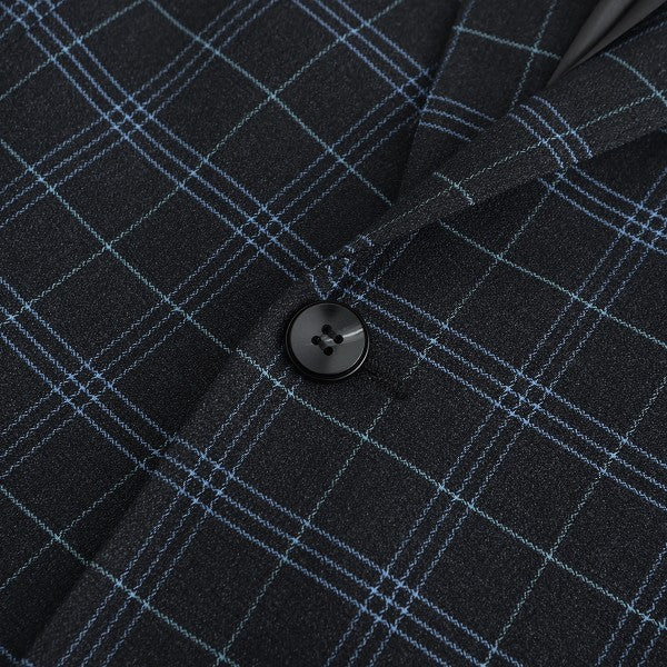 Men's Slim Fit Windowpane Check 1-Button Blazer | Notched Lapel Tweed Jacket – Navy Blue & Black