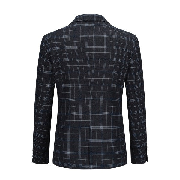 Men's Slim Fit Windowpane Check 1-Button Blazer | Notched Lapel Tweed Jacket – Navy Blue & Black