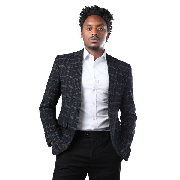 Men's Slim Fit Windowpane Check 1-Button Blazer | Notched Lapel Tweed Jacket – Navy Blue & Black