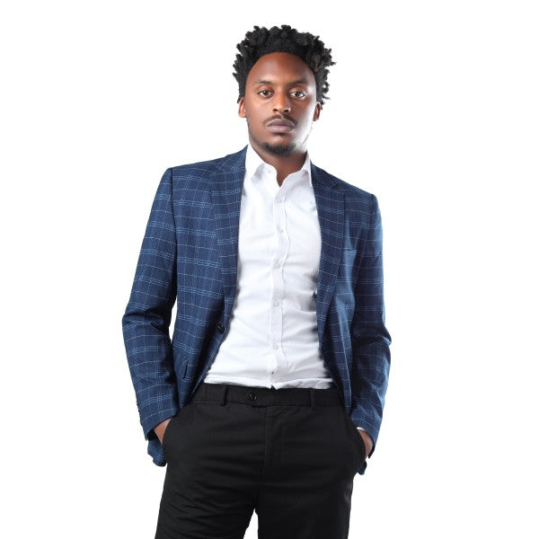 Men's Slim Fit Windowpane Check 1-Button Blazer | Notched Lapel Tweed Jacket – Navy Blue & Black