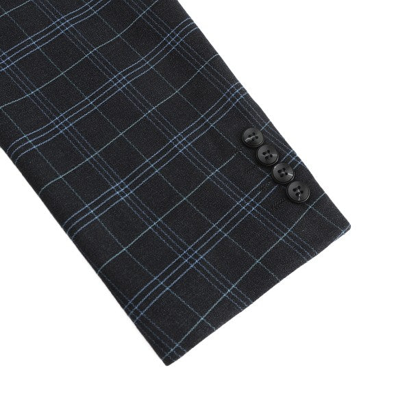 Men's Slim Fit Windowpane Check 1-Button Blazer | Notched Lapel Tweed Jacket – Navy Blue & Black