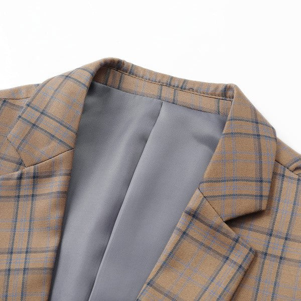 Men's Plaid Tartan 1-Button Blazer | Slim Fit Notched Lapel Tweed Jacket – Grey & Dark Khaki