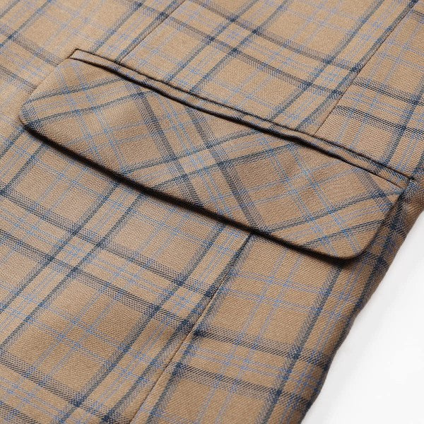 Men's Plaid Tartan 1-Button Blazer | Slim Fit Notched Lapel Tweed Jacket – Grey & Dark Khaki