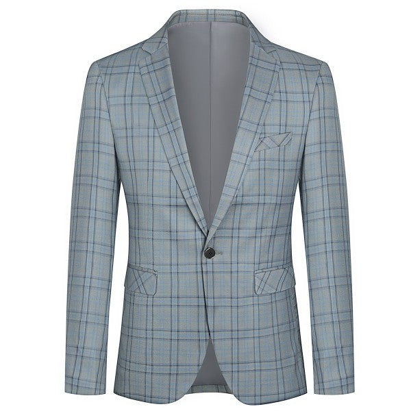 Men's Plaid Tartan 1-Button Blazer | Slim Fit Notched Lapel Tweed Jacket – Grey & Dark Khaki Grey