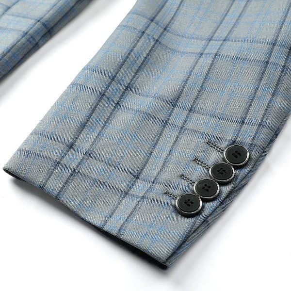 Men's Plaid Tartan 1-Button Blazer | Slim Fit Notched Lapel Tweed Jacket – Grey & Dark Khaki