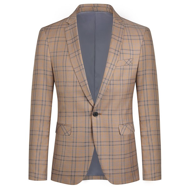 Men's Plaid Tartan 1-Button Blazer | Slim Fit Notched Lapel Tweed Jacket – Grey & Dark Khaki Dark Khaki
