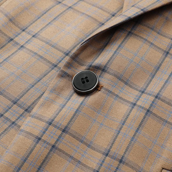 Men's Plaid Tartan 1-Button Blazer | Slim Fit Notched Lapel Tweed Jacket – Grey & Dark Khaki