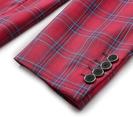 Men's Plaid Tartan 1-Button Blazer | Slim Fit Notched Lapel Tweed Jacket – Red & Blue