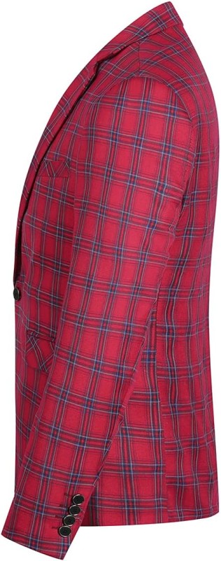 Men's Plaid Tartan 1-Button Blazer | Slim Fit Notched Lapel Tweed Jacket – Red & Blue