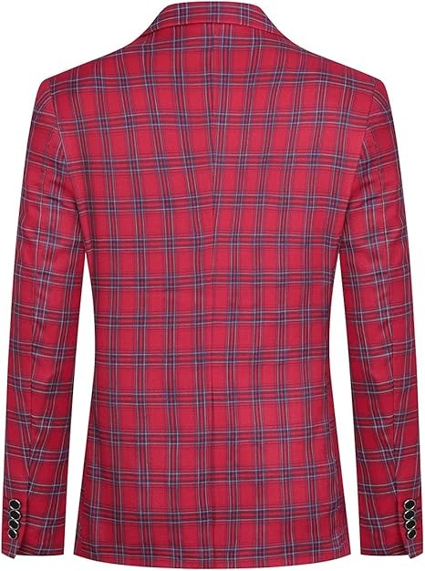 Men's Plaid Tartan 1-Button Blazer | Slim Fit Notched Lapel Tweed Jacket – Red & Blue