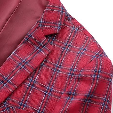 Men's Plaid Tartan 1-Button Blazer | Slim Fit Notched Lapel Tweed Jacket – Red & Blue
