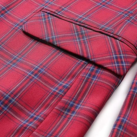 Men's Plaid Tartan 1-Button Blazer | Slim Fit Notched Lapel Tweed Jacket – Red & Blue