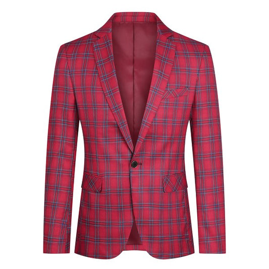 Men's Plaid Tartan 1-Button Blazer | Slim Fit Notched Lapel Tweed Jacket – Red & Blue Red