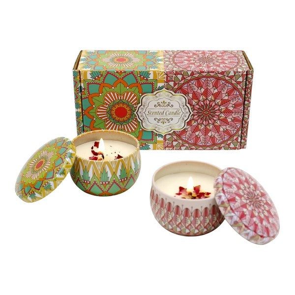Bohemian Mandala Scented Candle Gift Set – 2-Pack Soy Wax Candles with Dried Flower Toppings in Decorative Reusable Tins