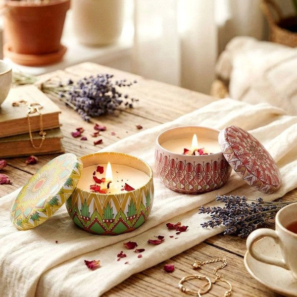 Bohemian Mandala Scented Candle Gift Set – 2-Pack Soy Wax Candles with Dried Flower Toppings in Decorative Reusable Tins Assorted One
