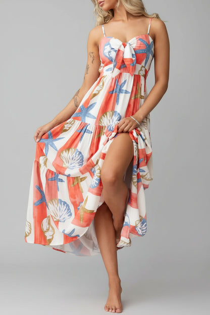 Seaside Smocked Tiered Maxi Dress – Sweetheart Neckline, Bow Tie Front, Spaghetti Strap Summer Sundress with High Slit CORAL MULTI