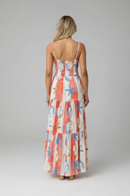 Seaside Smocked Tiered Maxi Dress – Sweetheart Neckline, Bow Tie Front, Spaghetti Strap Summer Sundress with High Slit