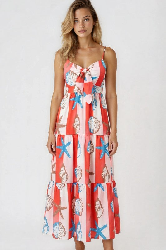 Seaside Smocked Tiered Maxi Dress – Sweetheart Neckline, Bow Tie Front, Spaghetti Strap Summer Sundress with High Slit
