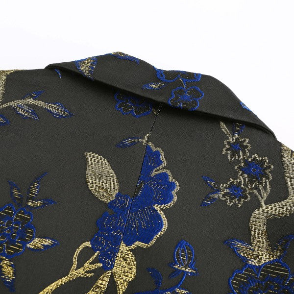 Men's One Button Notched Lapel Embroidered Blazer | Slim Fit Floral & Bird Print – Rose Red & Blue