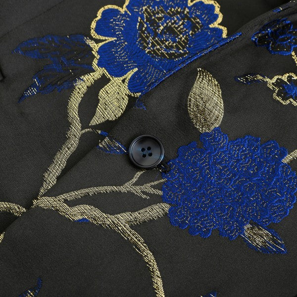 Men's One Button Notched Lapel Embroidered Blazer | Slim Fit Floral & Bird Print – Rose Red & Blue