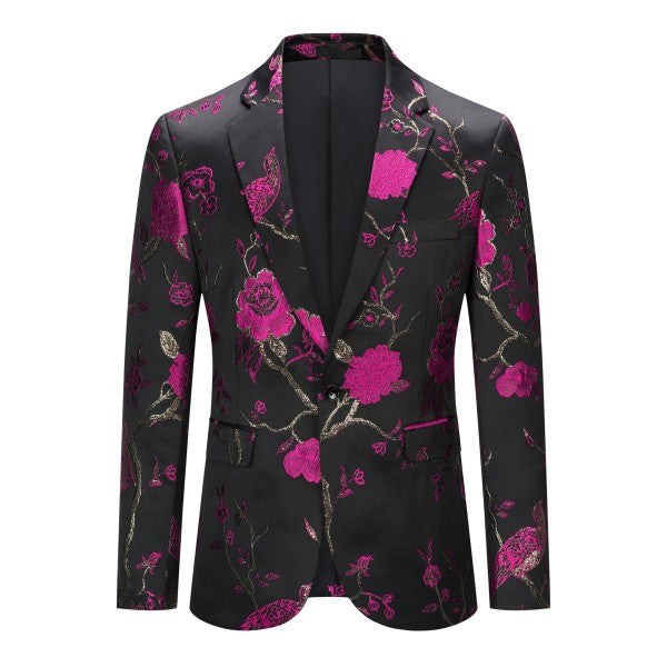 Men's One Button Notched Lapel Embroidered Blazer | Slim Fit Floral & Bird Print – Rose Red & Blue Rose Red