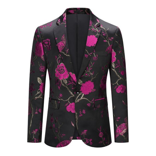 Men's One Button Notched Lapel Embroidered Blazer | Slim Fit Floral & Bird Print – Rose Red & Blue Rose Red